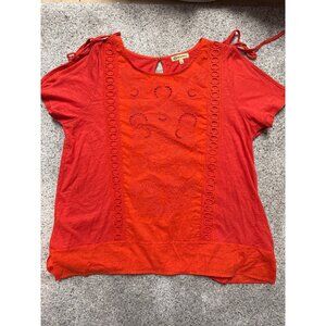Democracy BOHO Womens Orange Embroidered Short Sleeve Top With Keyhole Back & Ti